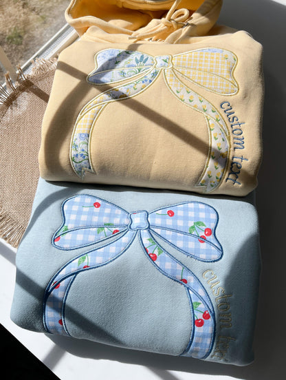 Custom Butter Yellow Hoodie Embroidered Patchwork Bow Hoodie Pastel Bow Sweatshirt Custom Patchwork Hoodie Cute Coquette Bow Applique Hoodie