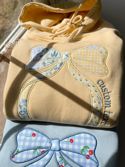 Custom Butter Yellow Hoodie Embroidered Patchwork Bow Hoodie Pastel Bow Sweatshirt Custom Patchwork Hoodie Cute Coquette Bow Applique Hoodie