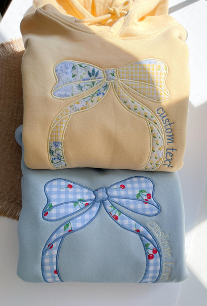 Custom Butter Yellow Hoodie Embroidered Patchwork Bow Hoodie Pastel Bow Sweatshirt Custom Patchwork Hoodie Cute Coquette Bow Applique Hoodie
