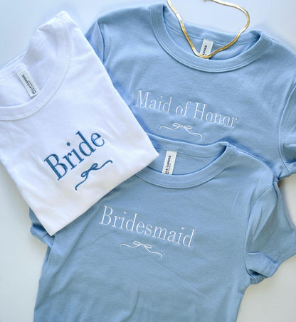 Custom Embroider Baby Tee Trendy y2k Shirt Bridal Women's Crop Tee Custom Embroidered Bridesmaid Baby Tee Gift for Bachelorette Party