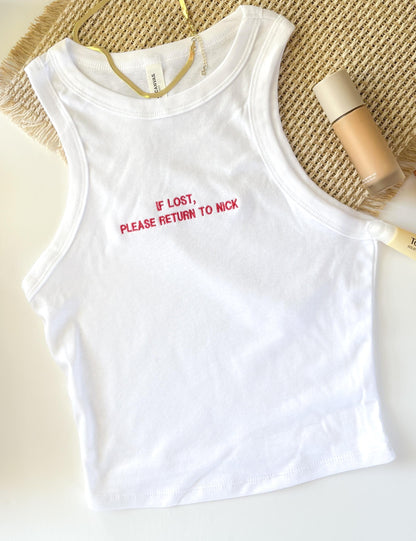 Dainty Text Embroidered Racerback Tank Top “If Lost Please Return To” Custom Tank Personalized Ribbed Tank Trendy Minimal Embroidery Top