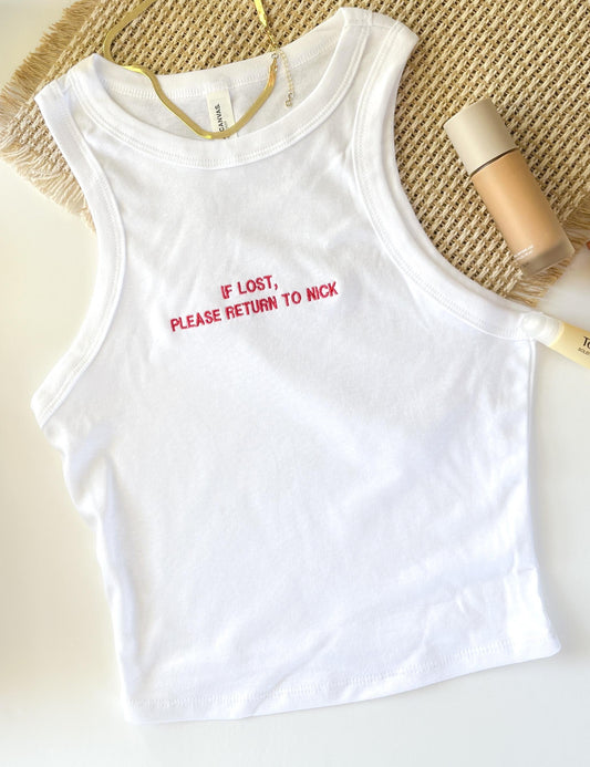 Dainty Text Embroidered Racerback Tank Top “If Lost Please Return To” Custom Tank Personalized Ribbed Tank Trendy Minimal Embroidery Top