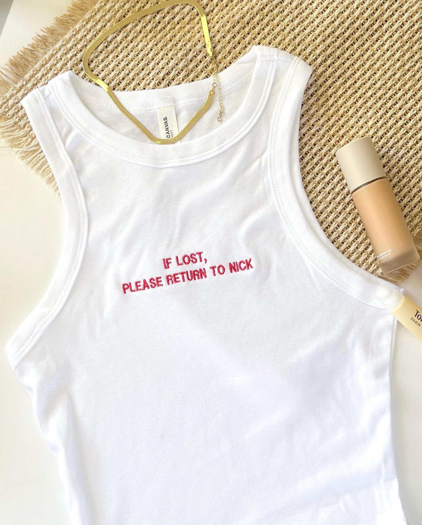 Dainty Text Embroidered Racerback Tank Top “If Lost Please Return To” Custom Tank Personalized Ribbed Tank Trendy Minimal Embroidery Top